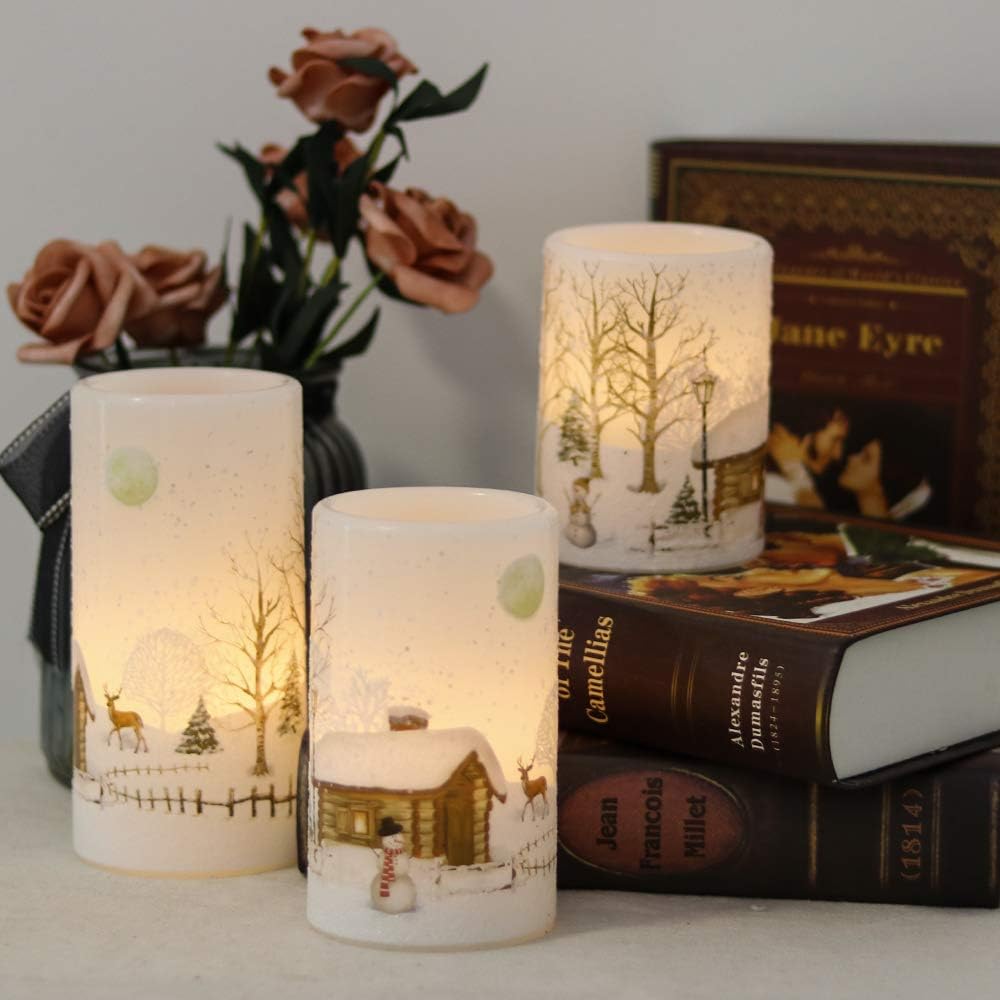 GenSwin Christmas Snowman Flameless Candles Flickering Battery Operated with Timer, Real Wax Led Pillar Candles Warm Light, Christmas Snowman Deer