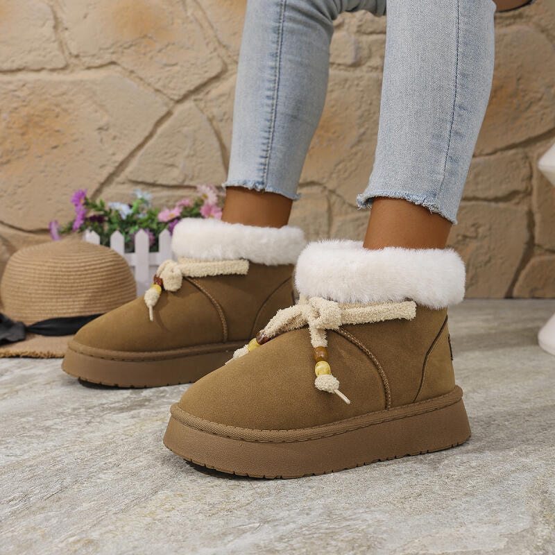 Fashion Women's Thick Bottom Furrry Snow Boots Winter 2025 Lacu Up Bowknot Fur Ankle Boots Warm Short Plush Designer Shoes for Woman