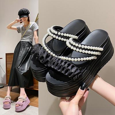 Modische Niedliche Plateau-Sandalen Damen 2024 Sommer Erhöhte Leichte Pantoletten Mode Schnur Perlen Design Keilabsätze Sandalen