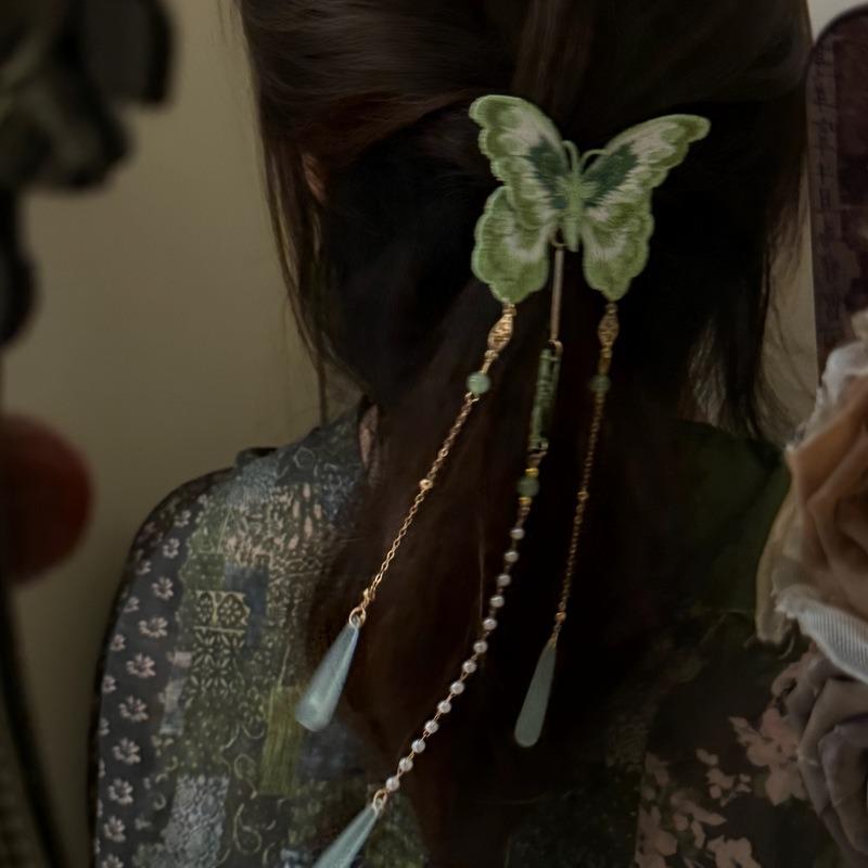 New Chinese green butterfly fringed hairpin female retro elegant national style Hanfu duck bill clip light luxury high-end hair accessories
