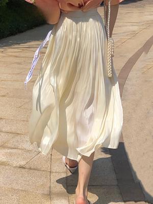 Elegant Solid Midi Pleated Skirt Women Korean High Waist Spring Summer Ladies Satin Maxi Skirt Female Faldas Saia  B-032