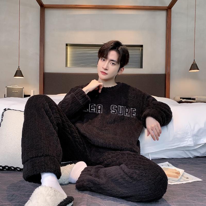 Men's Winter Coral Fleece Pajamas: Outdoor Wearable, Thickened Flannel, One-Piece Home Clothing