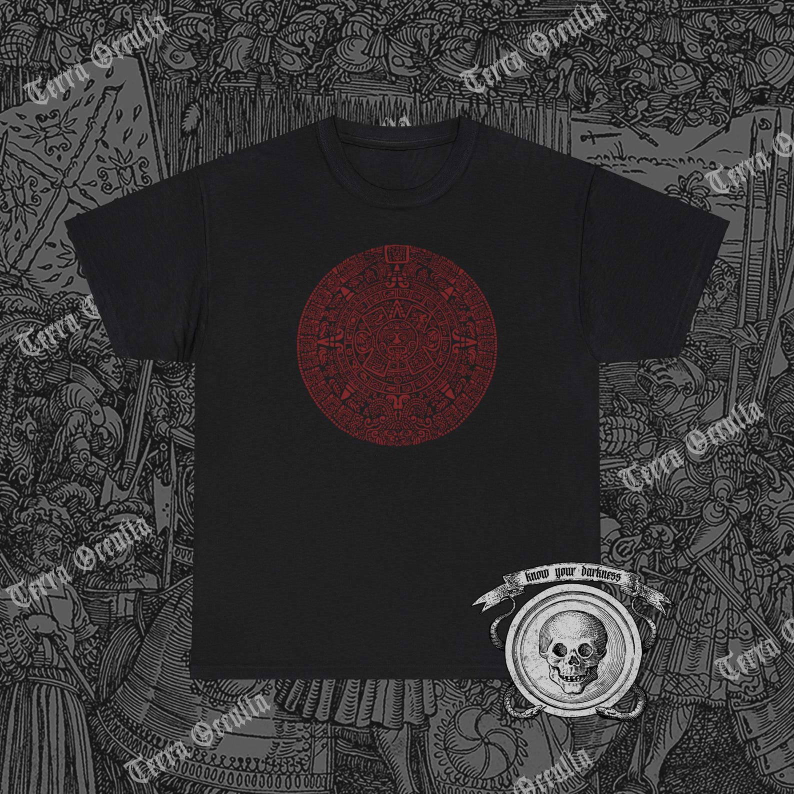 Mayan Calendar Graphic Shirt: Aztec Sun Stone Design L