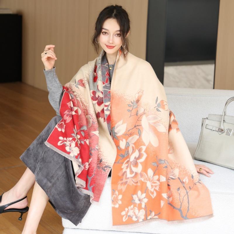 Gradual change flower imitation cashmere scarf women's high sense double-sided jacquard shawl retro scarf