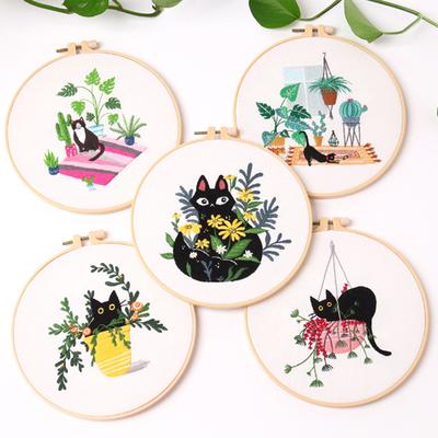 30 cm Stickerei-Starter-Set, Blume und Katze, DIY-Kreuzstich-Handarbeitswerkzeuge für Anfänger, rundes Stickset, Näh- und Bastelsets