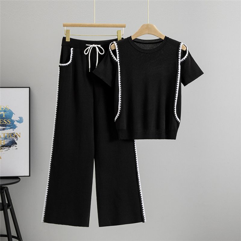 

European and American Leisure Loose Knit Short sleeve Top Wide Leg Pants Set Knited Top and Pants Set Black All yards