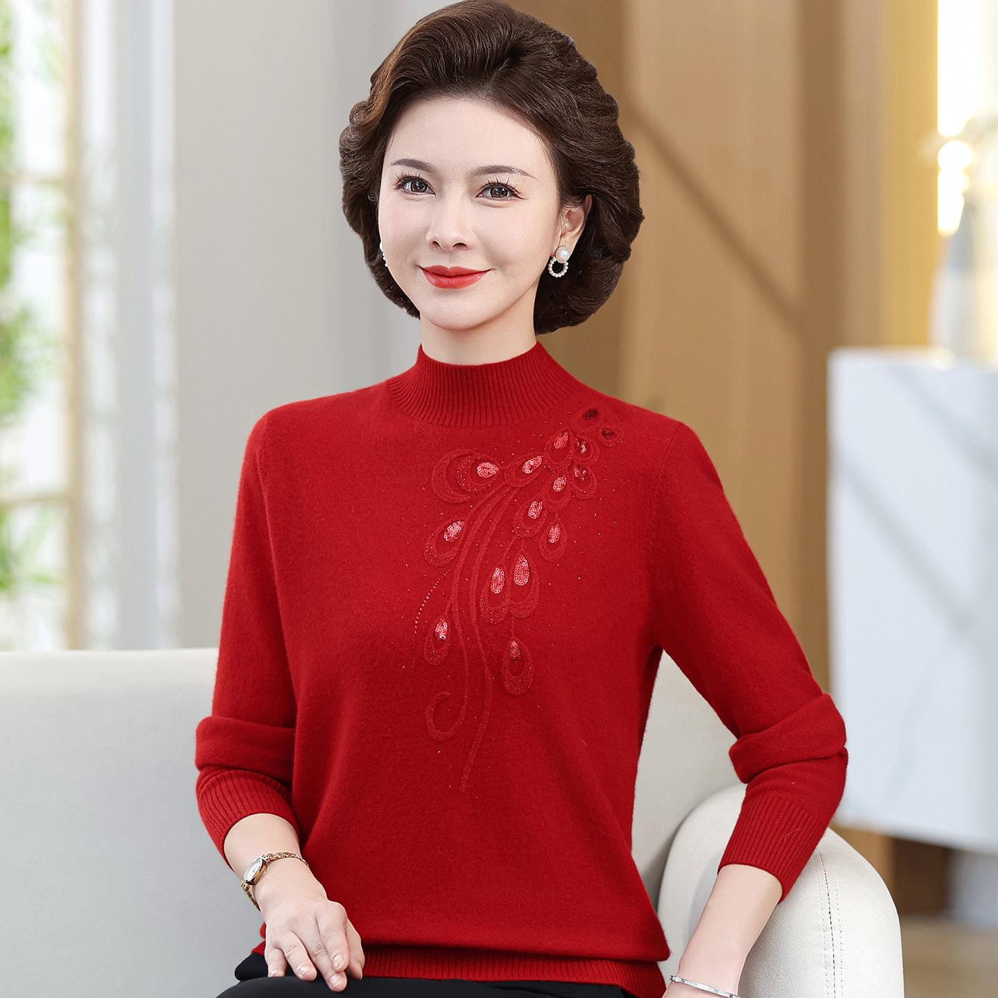 

High-End Pure Wool Semi-High Collar Pullover for Women: Autumn/Winter Sweater for Middle-Aged and Elderly 3XL [61-66 kg] червоний