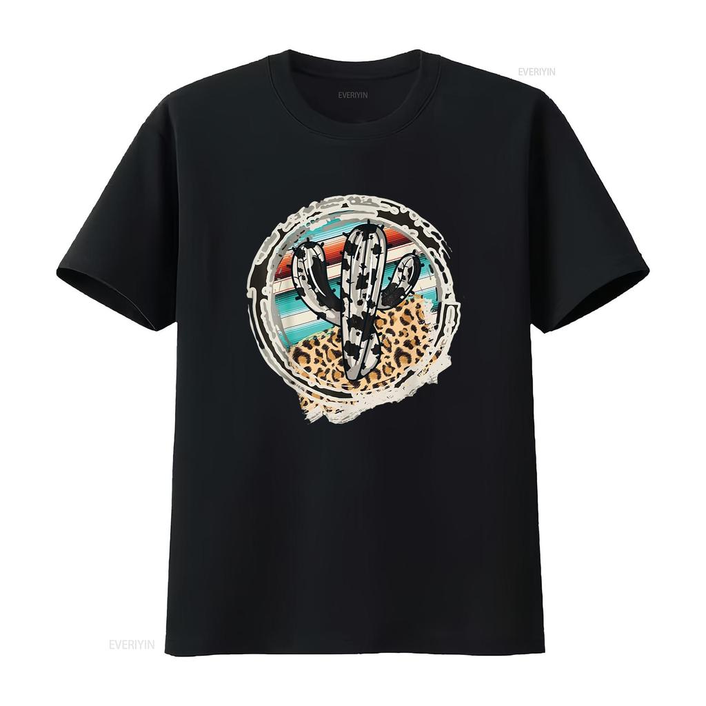 Leopard Cow Pattern Cactus Serape Print Cowgirl Ro Trendy T Shirt for Women Stylish and Comfortable Vintage Washed Graphic