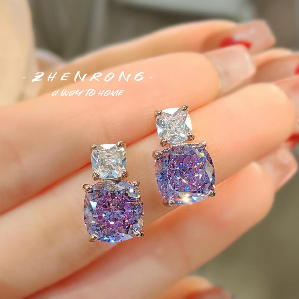 Versatile Purple Lepidolite Necklace & Diamond Pendant Set with High Carbon Diamond Stud Earrings and Ice Flower Cut Ring for Women