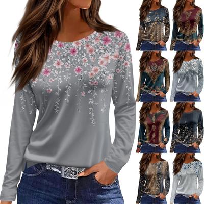 Women's Fashion Casual Slit Hem Round Neck Long Sleeve Loose Printed T,Shirt Ladies Top