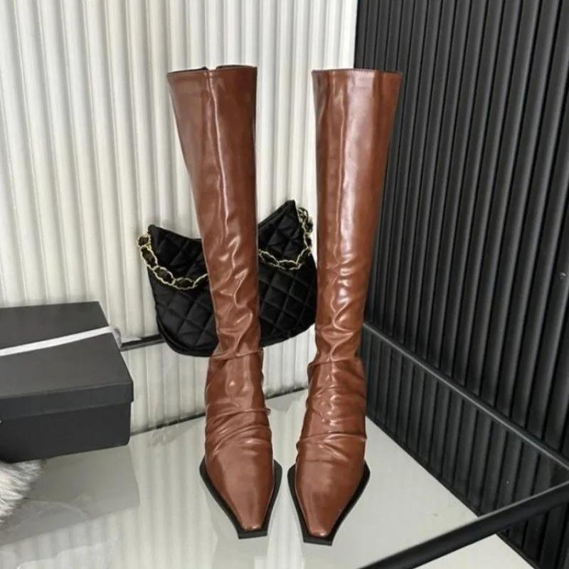 Neue Stretch Weiches Leder Damen Overknee High Heels Mode Spitzschuhe Herbst Winter Dicke Absätze Damen Lange Stiefeletten