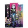 Monster High Frankie Jockey Doll In Denim Jacket and Includes Pet Dog Wattie and Accessories Including and Notebook Shorts, Backpack, Snacks,