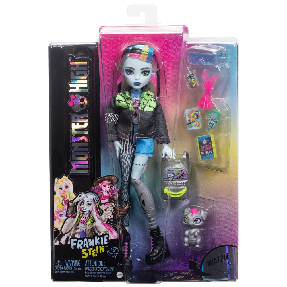 Monster High Frankie Jockey Doll In Denim Jacket and Includes Pet Dog Wattie and Accessories Including and Notebook Shorts, Backpack, Snacks,