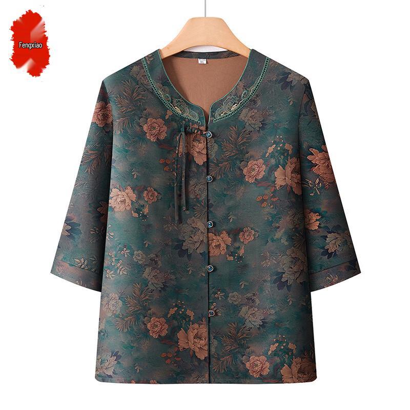 Women s Chinese Style Print Seven-Quarter Sleeve Shirt XXL