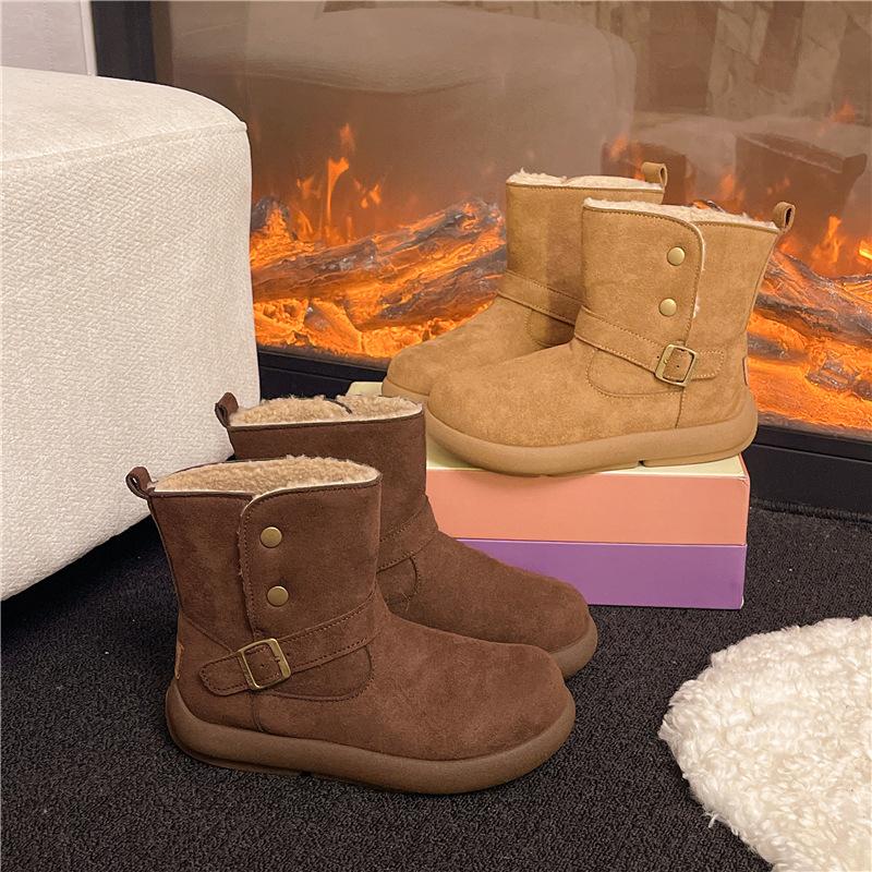 Women's Retro Thick Sole Fashion Lightweight Soft Sole Winter Warm Fur One Snow Boots Fluffy Lined Non-slip Casual Sports Cotton Boots