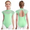 Girls Lace Cap Sleeves Dance Leotard Sheer Mesh Patchwork Cutout Bodysuit for Ballet Practice Exam