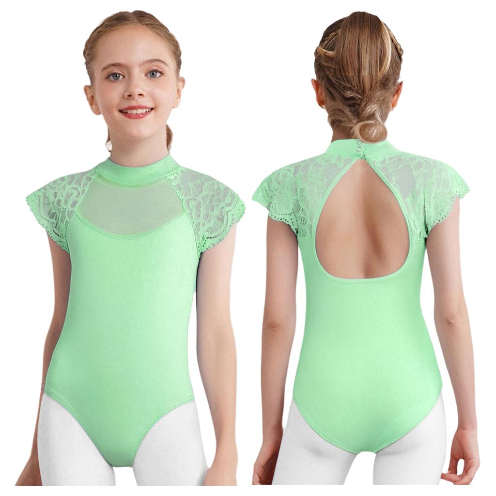 Girls Lace Cap Sleeves Dance Leotard Sheer Mesh Patchwork Cutout Bodysuit for Ballet Practice Exam