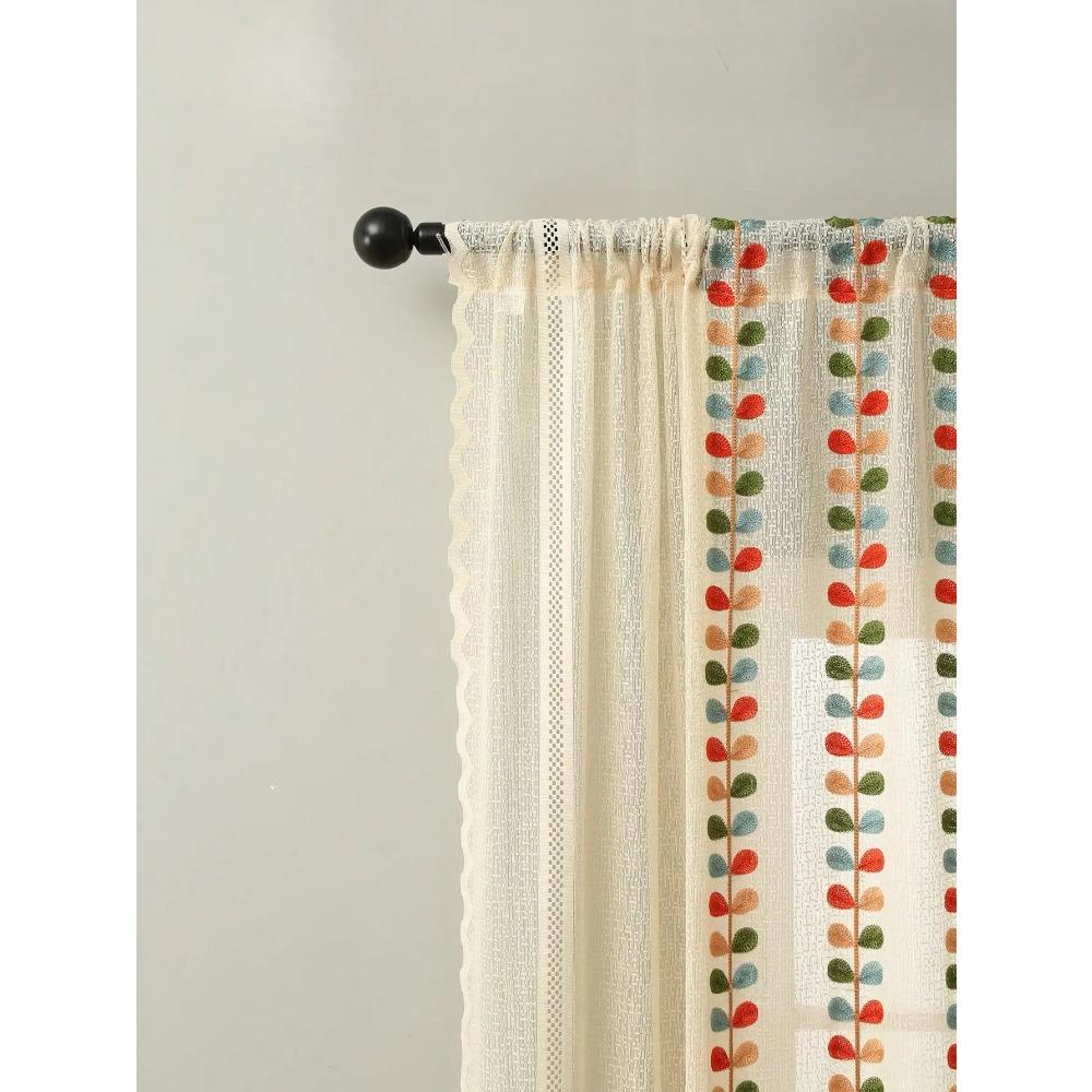 Khakifarbene vierfarbig bestickte Blättervorhänge, Wohnzimmervorhänge im Landhausstil, einteiliges Set