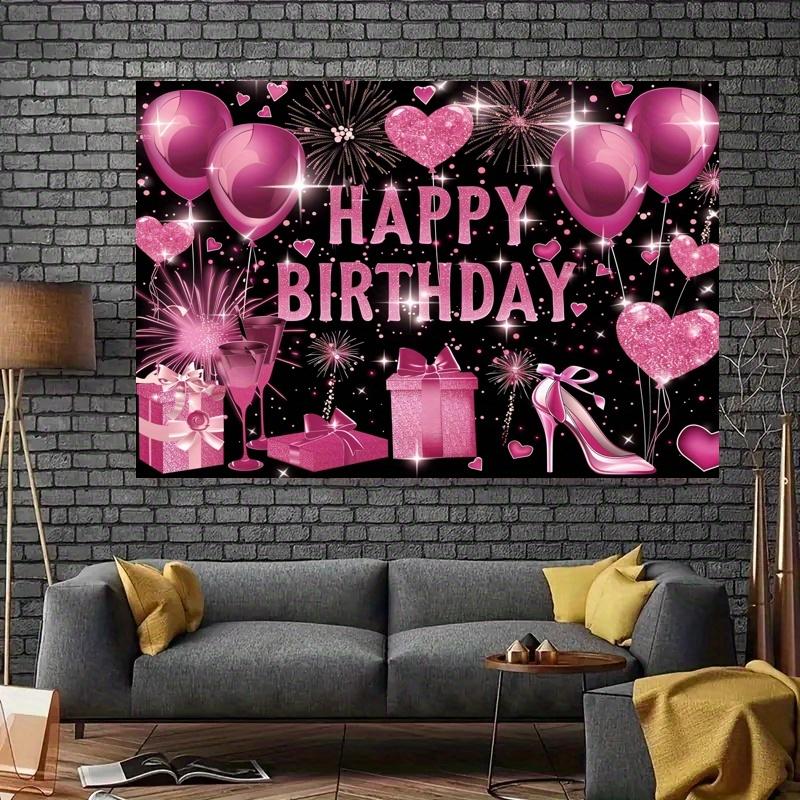 Ροζ χρυσό ύφασμα φόντου Happy Birthday, μαύρη ροζ χρυσή κορδέλα γενεθλίων ροζ χρυσό λογότυπο Happy Birthday διακόσμηση
