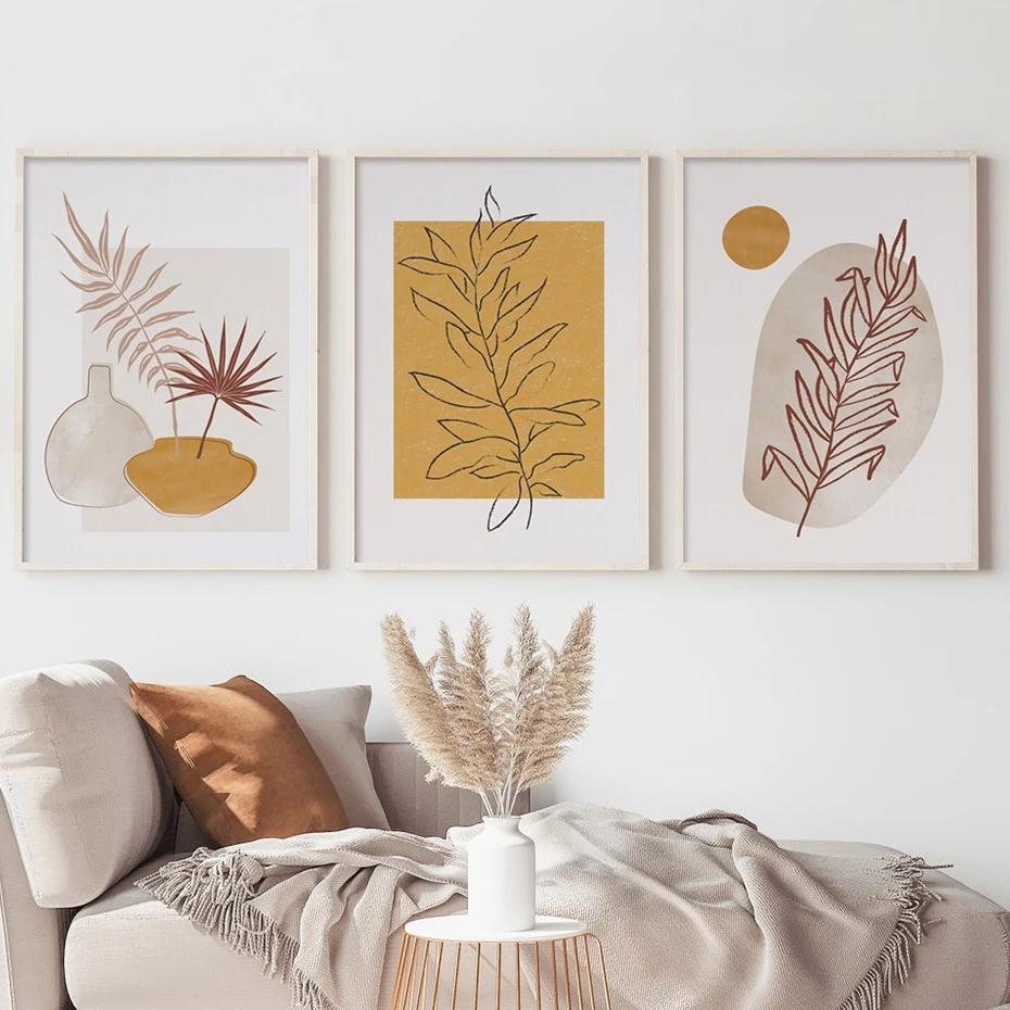 Boho Abstract Yellow Leaf Foliage Poster, Minimalist Wall Art, Print Picture, Botanical Canvas Painting, Living Room, Home Decor