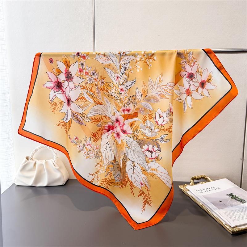 

Elegant Watercolor Floral Square Scarf Soft Satin Silk Elegant Vintage Bandana Neck Headband Bag Wrist Wrap Accessory for Women 70X70CM