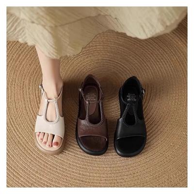 Mode Dames Koeienleer Smalle Band Lage Hak Open Teen Modieus 2025 Zomer Nieuw Casual Elegante Platforms Dames Sandalen