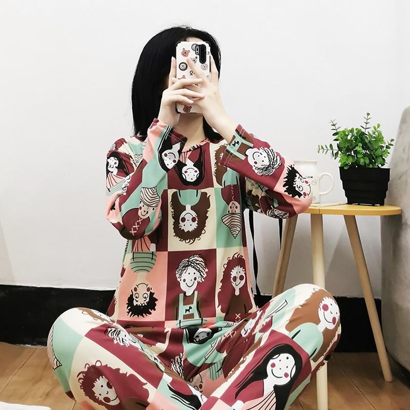 Women's Korean Style Pajama Set: Long Sleeve, Round Neck, Cute Cartoon Print, Comfortable for Spring & Autumn