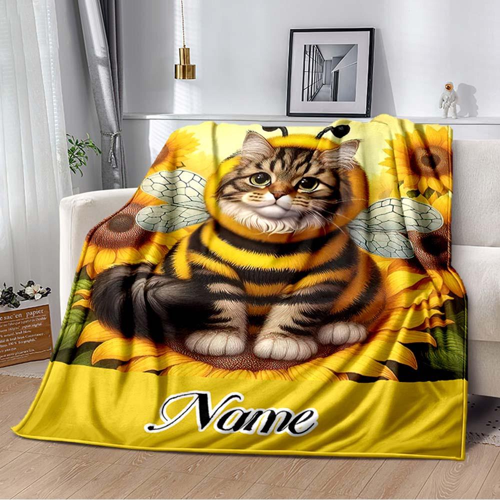 Bee Cat Customize Your Name Blanket Used For Chair Office Sofa Bed Camping Soft And Warm Giving Friends And Relatives Birthday Graduation Gift
