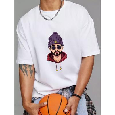 Biały T-shirt z nadrukiem kreskówkowego mężczyzny w czapce beanie i okularach przeciwsłonecznych do noszenia na co dzień