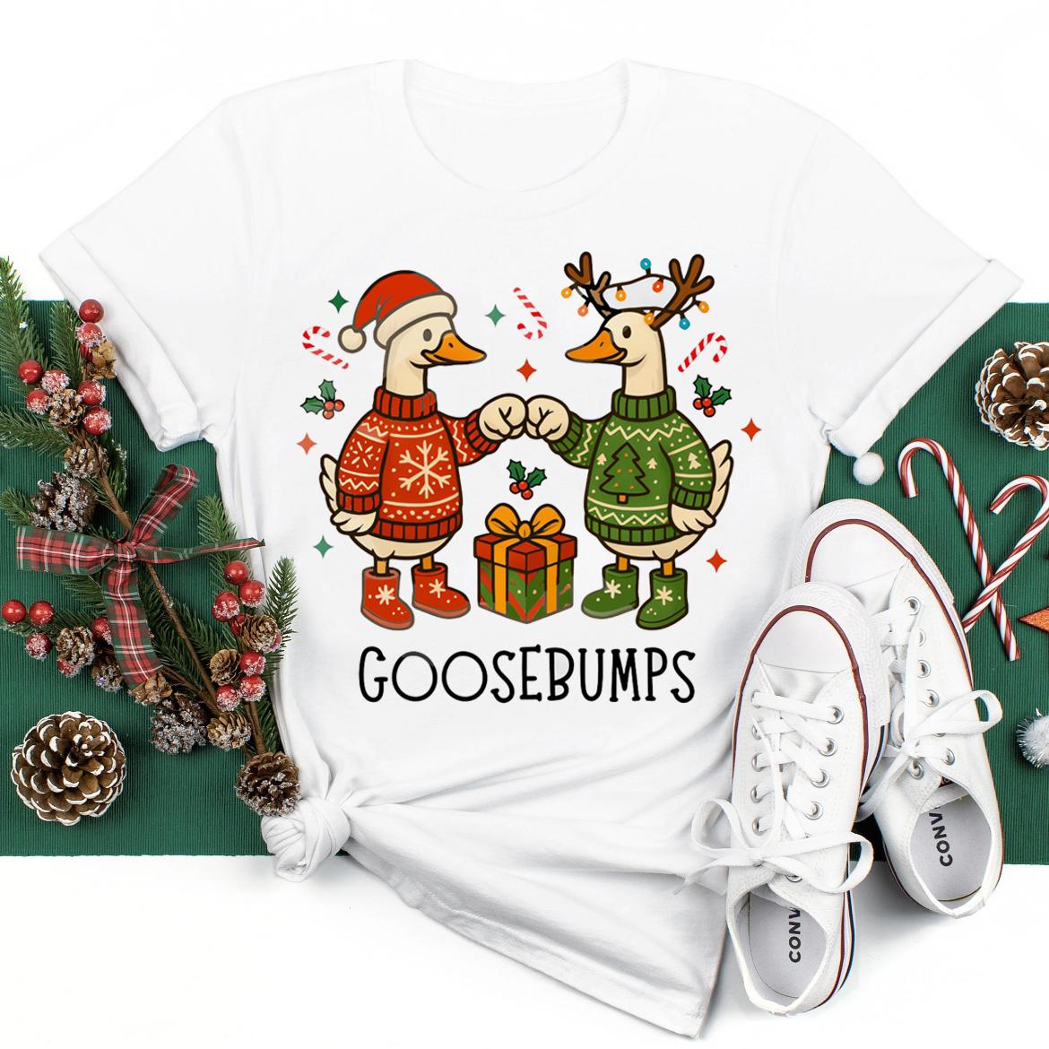 GooseBUMPS Cute Pattern Christmas Tshirt Womens White Round Neck Short Sleeve Holiday Gift Tshirt Street Versatile Top S
