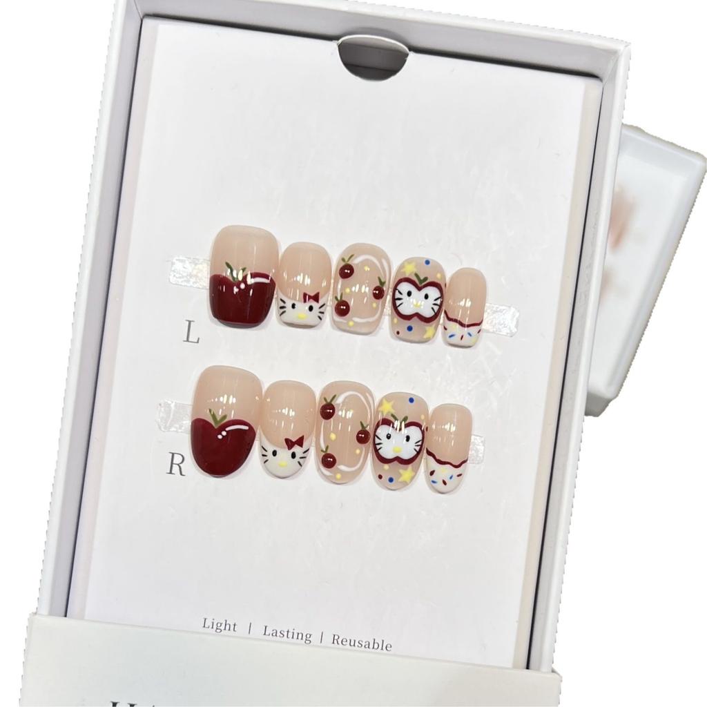 Pure Handmade Ins Style Wearable Armor Cute Cat French Hand-painted Cartoon Manicure Finished Short Nails