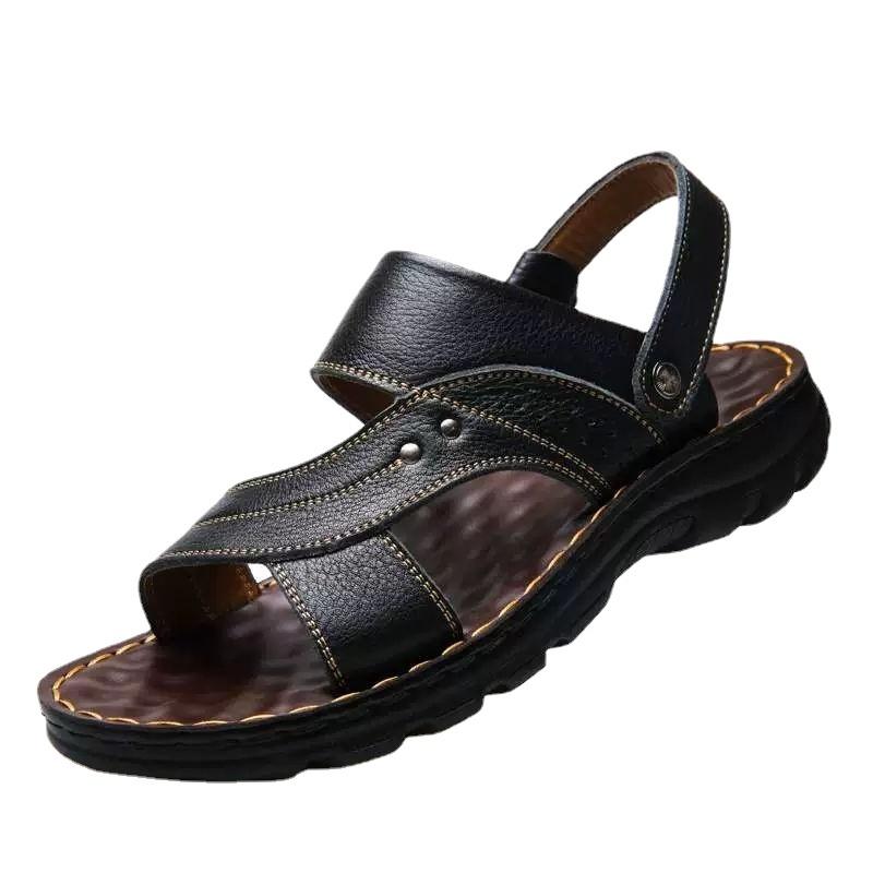Herrsandaler i äkta läder sommar Tofflor Herr Tofflor Vuxen Strandskor med tjocka sulor Halkfri lädersandal Zapatos Hombre