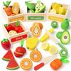 TooyBing Wooden Play Food Toy Set for Kitchen 30 Montessori Cut Color Sort Fake Fruit Accessories with 4 Toddler Play Birthday Gift for Boys and Girls