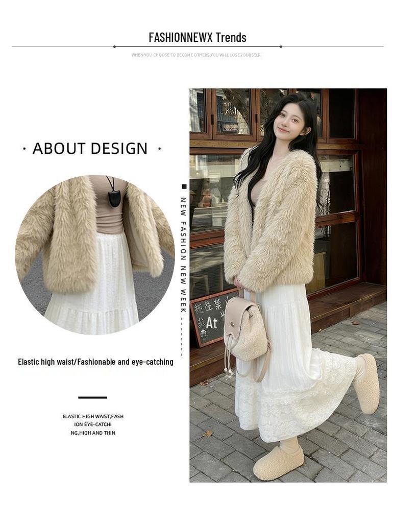 Women's White Lace High-Waist A-Line Long Skirt - Fluffy, Plush, Perfect for Spring & Autumn