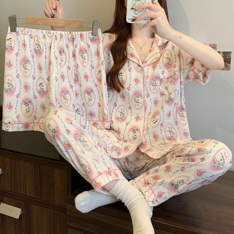

Цветочная кроличья мультяшная пижама Женский летний комплект из трех предметов из облачного хлопка Милая высококачественная одежда для дома M