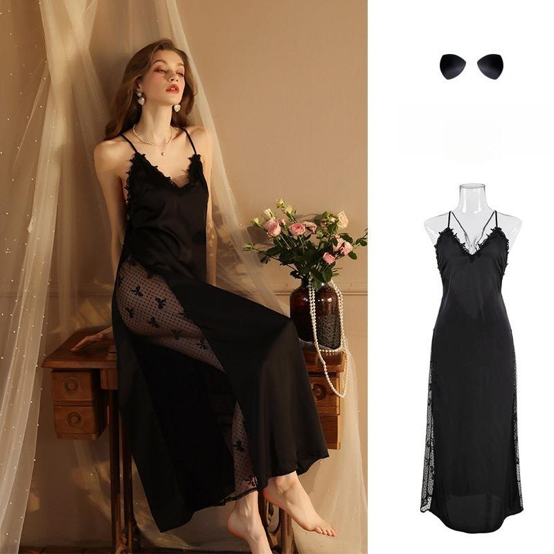 Fairy Style Elegant Lace Nightgown Deep V Built-in Bra Backless Crisscross Lace-Up Loungewear 420 Dreamy Supportive Sleepwear for Romantic Evenings