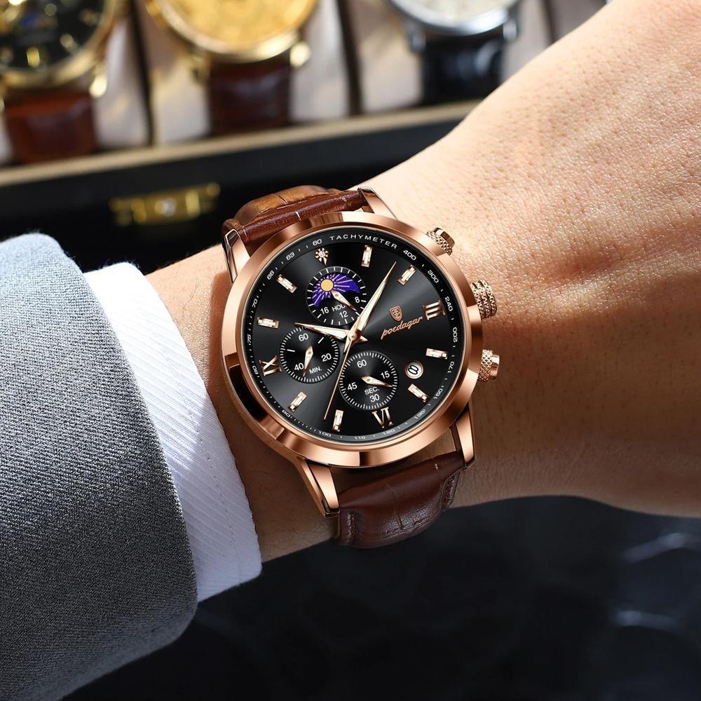 POEDAGAR Original Business Men's Wristwatch Chronograph Date Luminous Waterproof Man Watch Leather Luxury Quartz Watches For Men