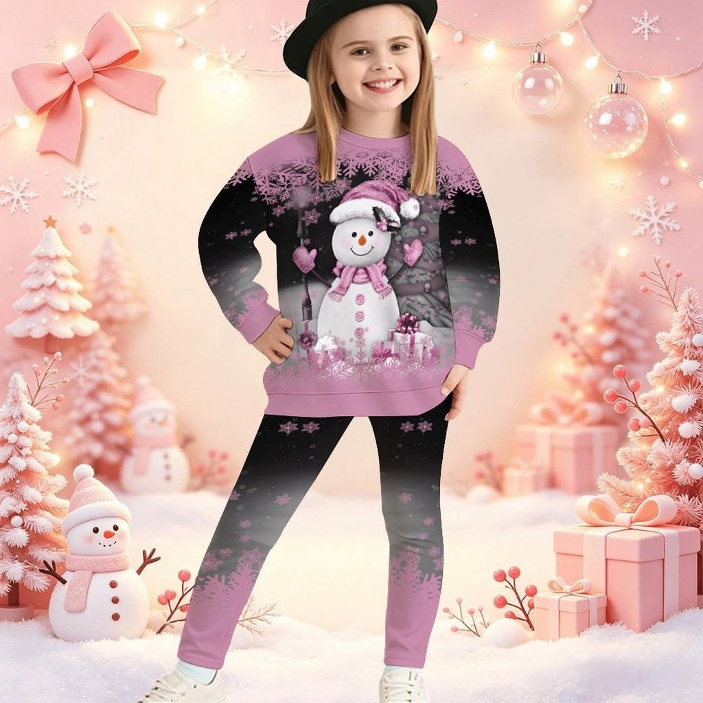 Girls' Xmas Tree Casual Comfortable Soft Loose Pullover Sweatshirt and Leggings 2-Piece Set, New Autumn/Winter, Playful, Sweet and Cool Style
