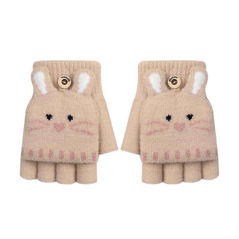 Flip Cover Dew Finger Primary School Student Thickened Warm Writing Cartoon Cute Girl Winter Middle School Child Cold Children Gloves Half Finger