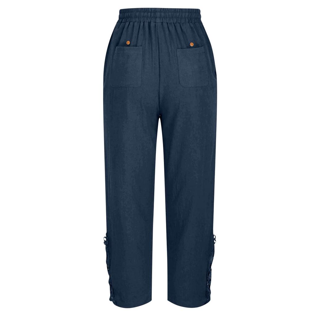 Women's Casual Solid Color Lace Splicing Design High Waist Drawstring Pocket Nine Minute Pants