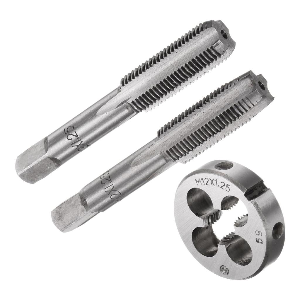 Uxcell 3-Piece Metric Hand Tap & Die Set, M12 X 1.25 Tapered/Bottom Thread Tap + Round Die, Manual Thread Tapping Tool for Repairs