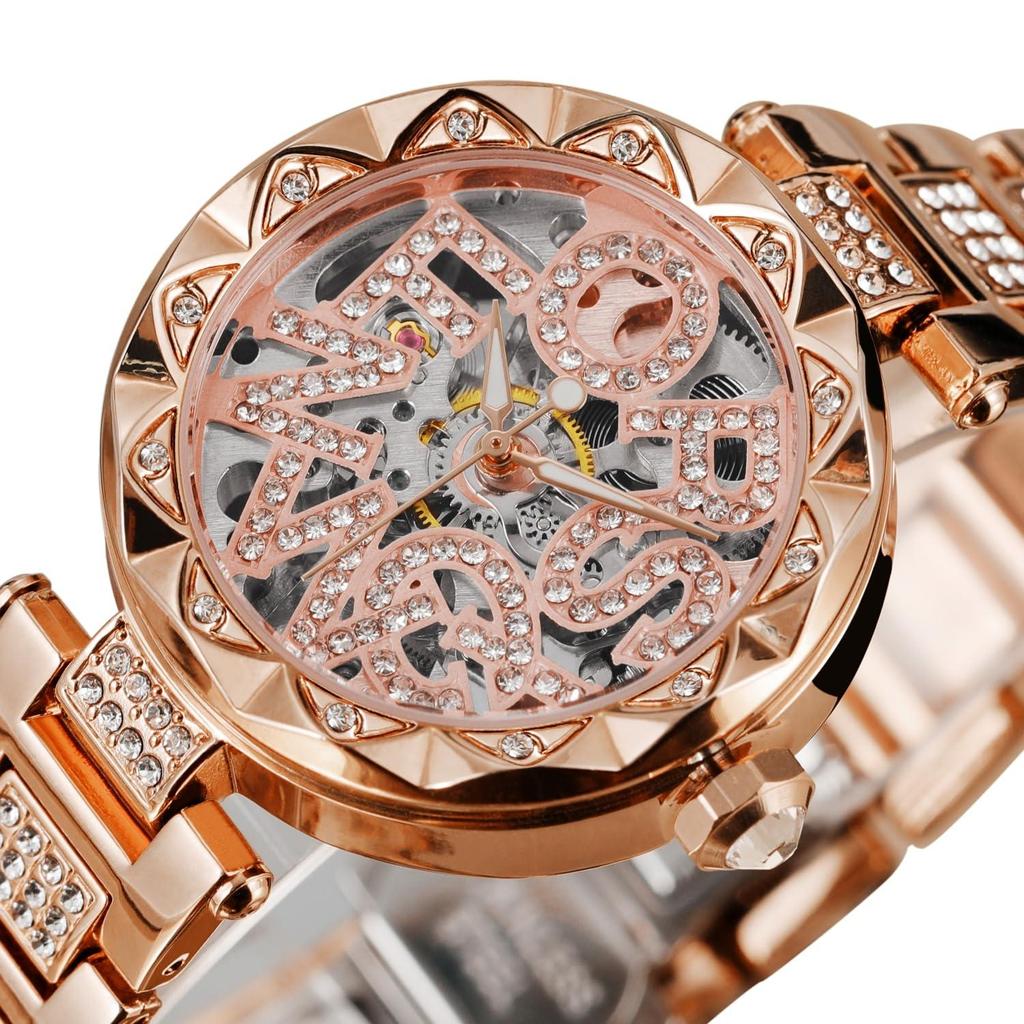 FORSINING Women's Iced Out Hollow Mechanical Watch Shiny Crystal Letter Dial Stainless Steel Bracelet Automatic Wristwatch