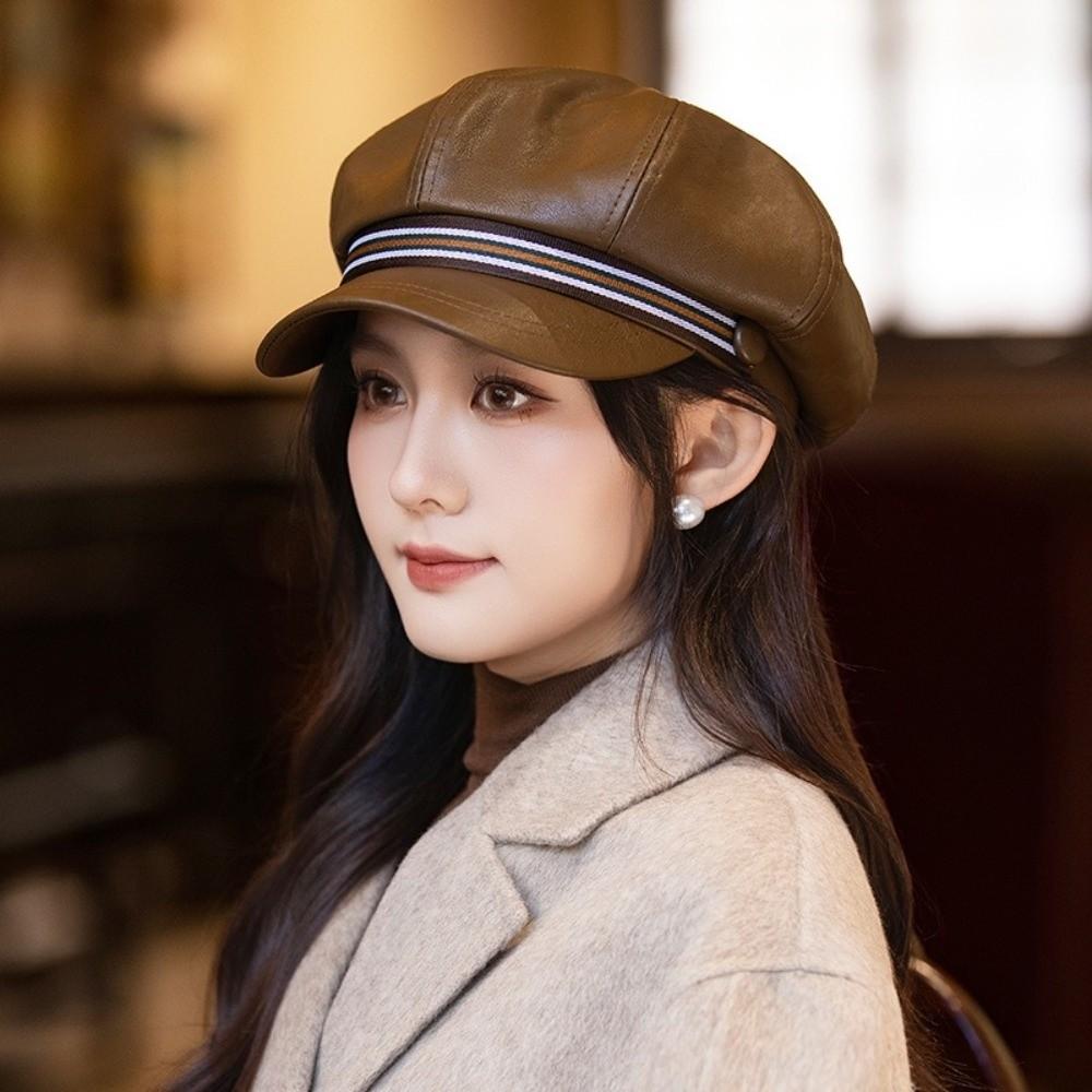 Windproof Octagonal Hat Warm Painter Hat Personality Pu Leather Beret  Autumn