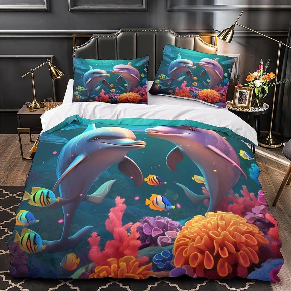 3D Printed Microfiber Dolphin Quilt Cover Sets All Season Bedding Set With Pillowcase Ocean Art Duvet Cover For Home Decoration