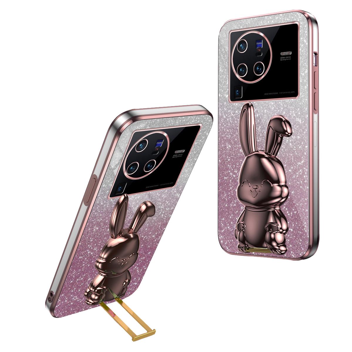 

For vivo X80 Pro 5G Cartoon Rabbit Kickstand Cover PC+TPU Cell Phone Cases Pink