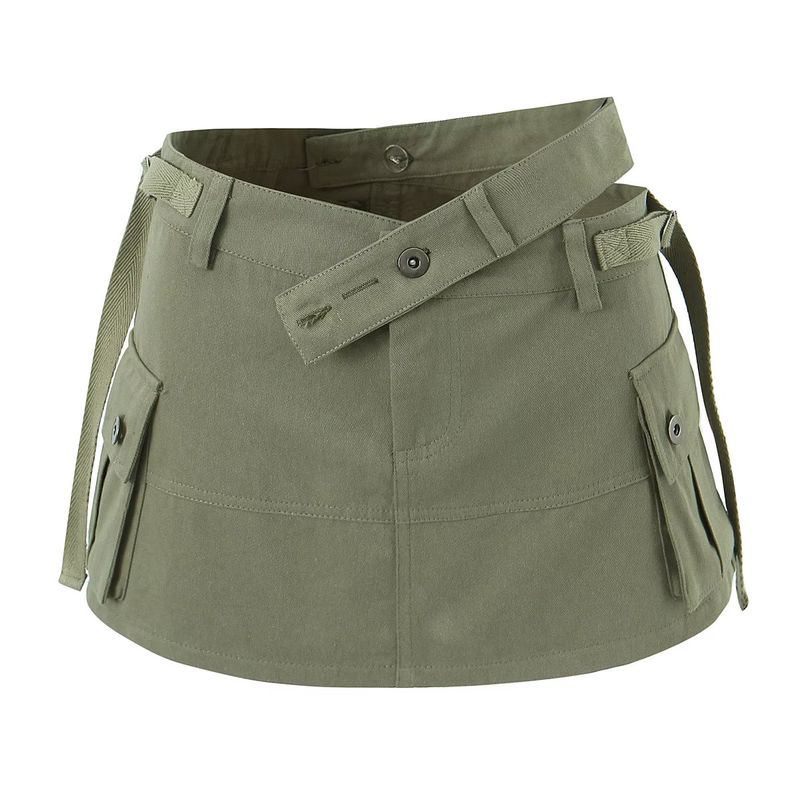 

Xiaoguzi Spring/Summer Cargo Skirt European and American Fashion Design Sense Waist-Exposed Side Pockets Leisure Anti-exposure Short dress Army Green L
