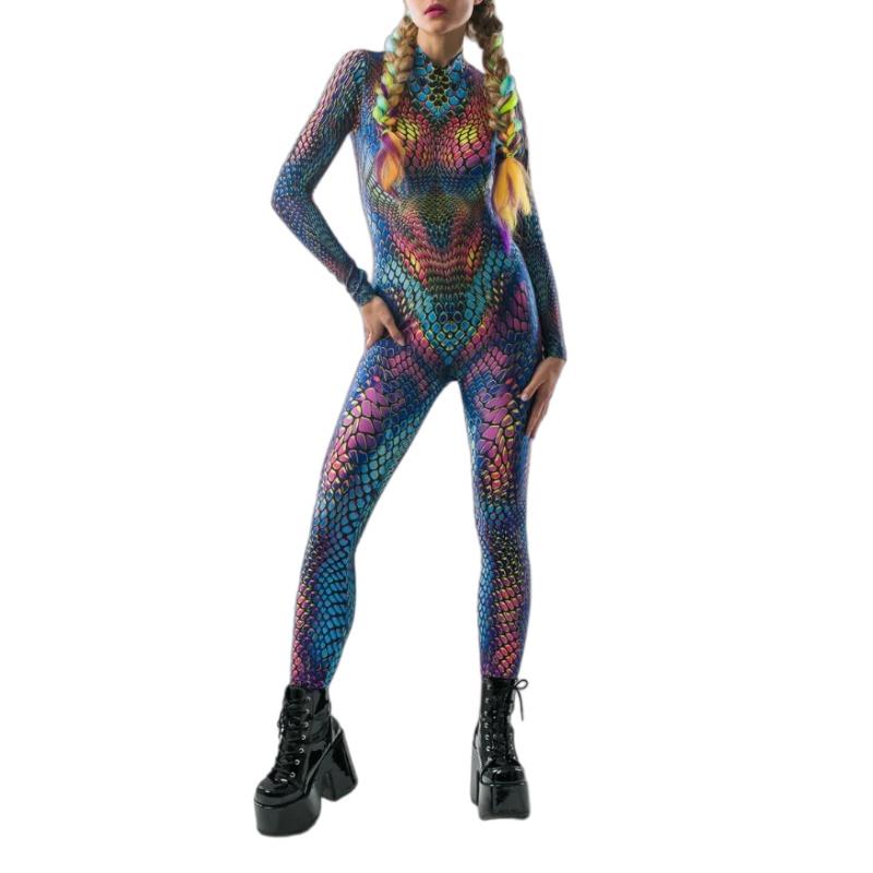 Unisex 3D Digital Colorful Snake Leopard Pattern Animal Printing Outfit Adults Halloween Party Role Play Cosplay Costume Carnival Jumpsuit
