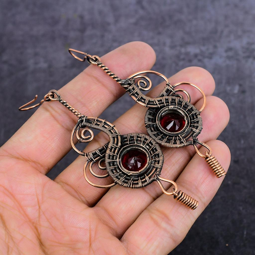 Natural Garnet Gemstone Handmade Copper Wire Wrap Jewelry Earring 3.70" P4i09