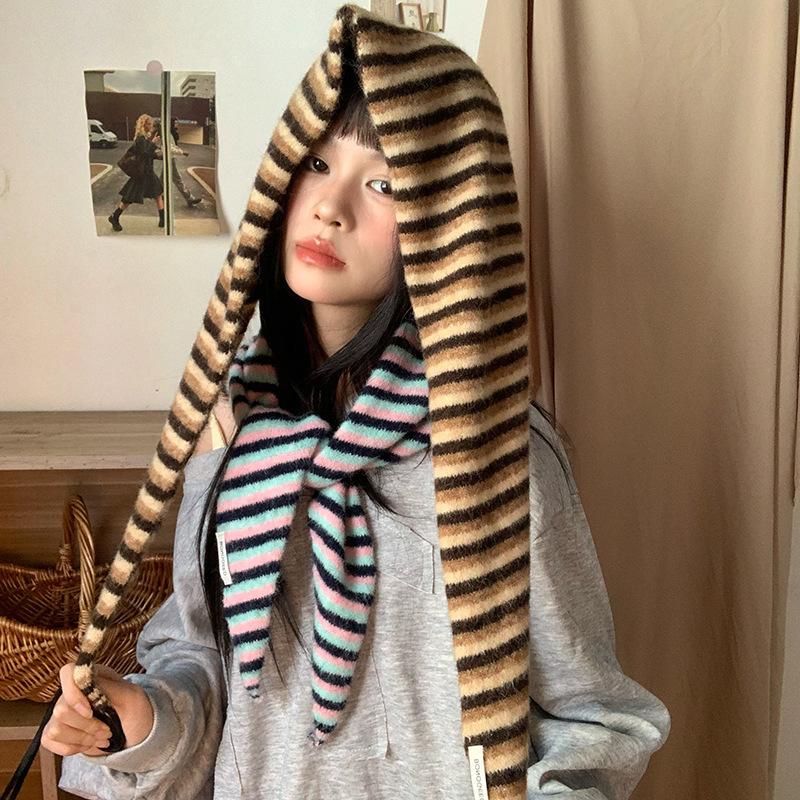 Wool Knitted Triangular Scarf Stripe Multicolor Designer Women Winter Warm Headscarf Shawls Neckerchief Hijab Pashmina Wrap
