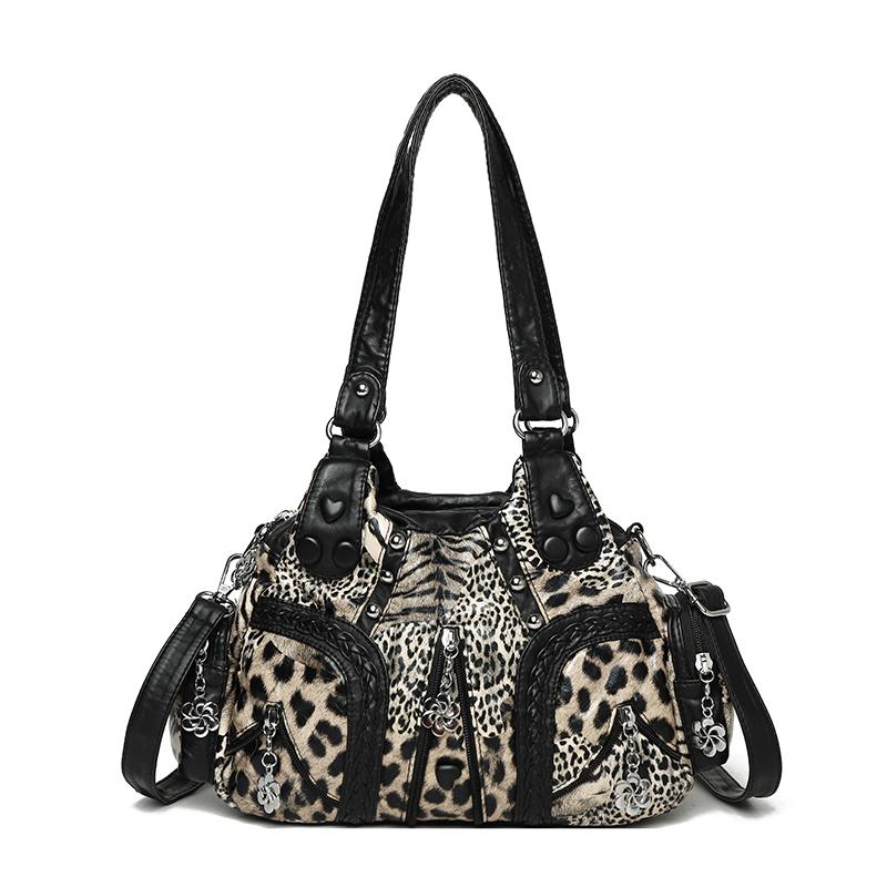 Női leopárdmintás Hobo Táska, Puha PU Bőr Többzsebes Válltáska, Vintage Szegecses Táska Levehető Pánttal a Mindennapi Utazáshoz
